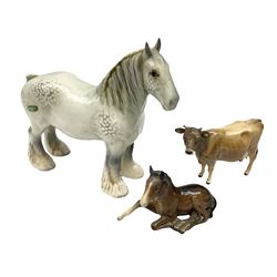 Group of Beswick figures, consisting Jersey cow Champion Newton Tinkle no. 1345, gray shire horse no. 818, bay foal no. 915, all with mark beneath