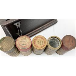 Edison Standard Phonograph with oak base (no cover), the reproducer marked 'Model C', serial no. 634857, last patent date Oct.1905, with black japanned conical horn L33cm; together with five cylinders
