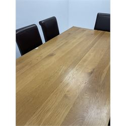 Light oak rectangular dining table, square supports (L200cm, W100cm) and eight high back chairs, upholstered in a chocolate leather, square tapering supports (W50cm)