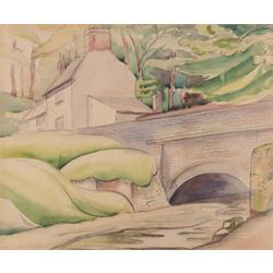 Helen Marguerite Steinthal (British 1911-1991): Forest Before the Hills, watercolour unsigned, attributed verso 23.5cm x 29cm; English School (Mid-20th Century): Bridge in the Town, watercolour unsigned 23cm x 28cm  (2)