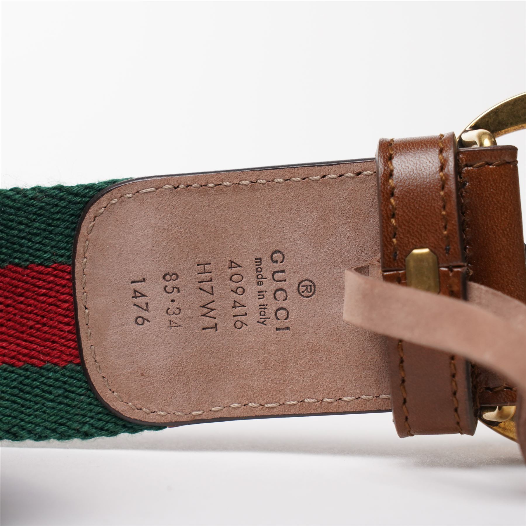 Gucci - web canvas and calfskin leather belt with signature green and red woven stripe, large gold tone GG buckle, stamped with serial numbers, size 85/34, L105cm, unused with original box and dust bag