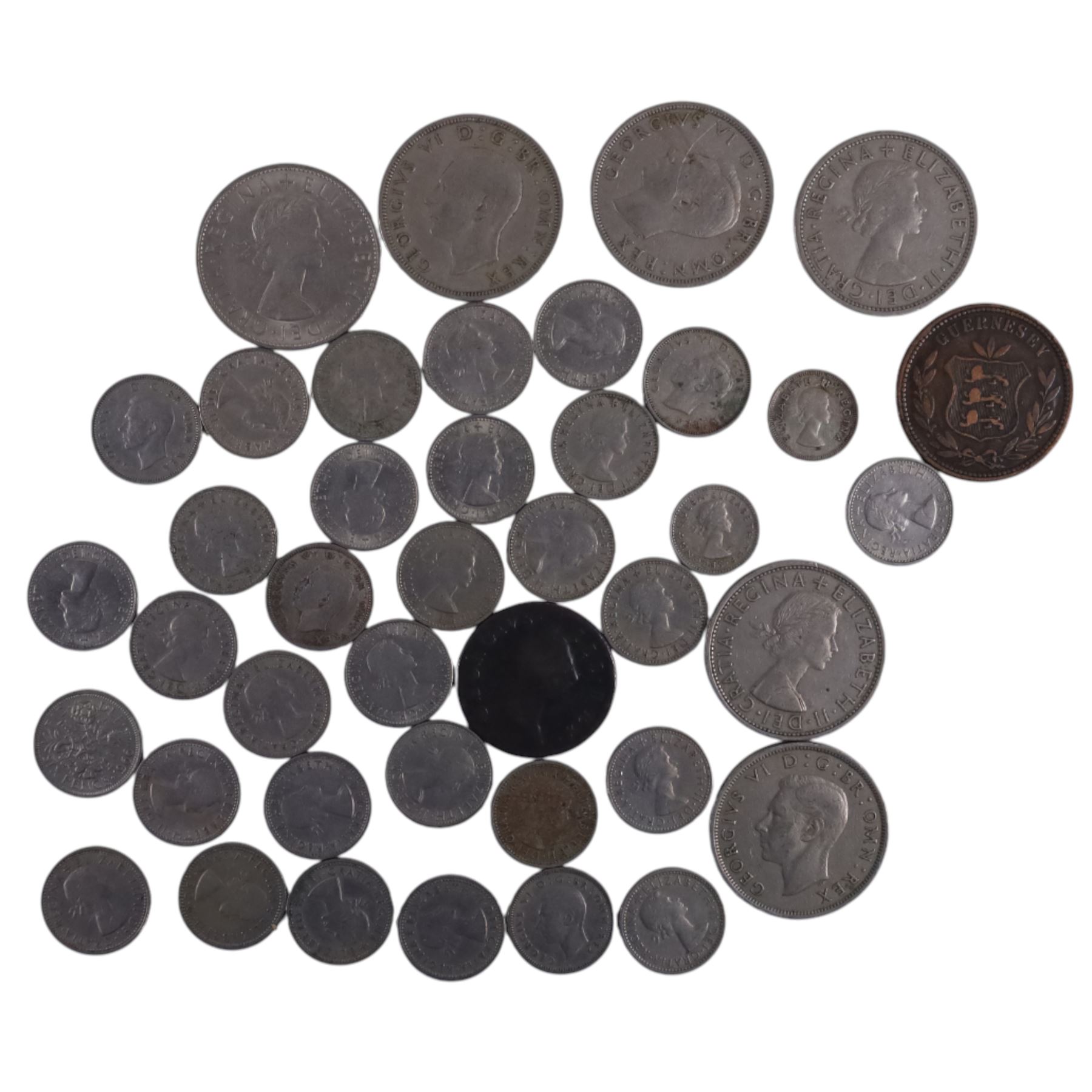Approximately 16 grams of Great British pre-1920 and approximately 160 grams of pre-1947 silver coins, together with further pre-decimal coins, a Guernsey 1868 eight doubles, and an Ireland George III 1769 half penny