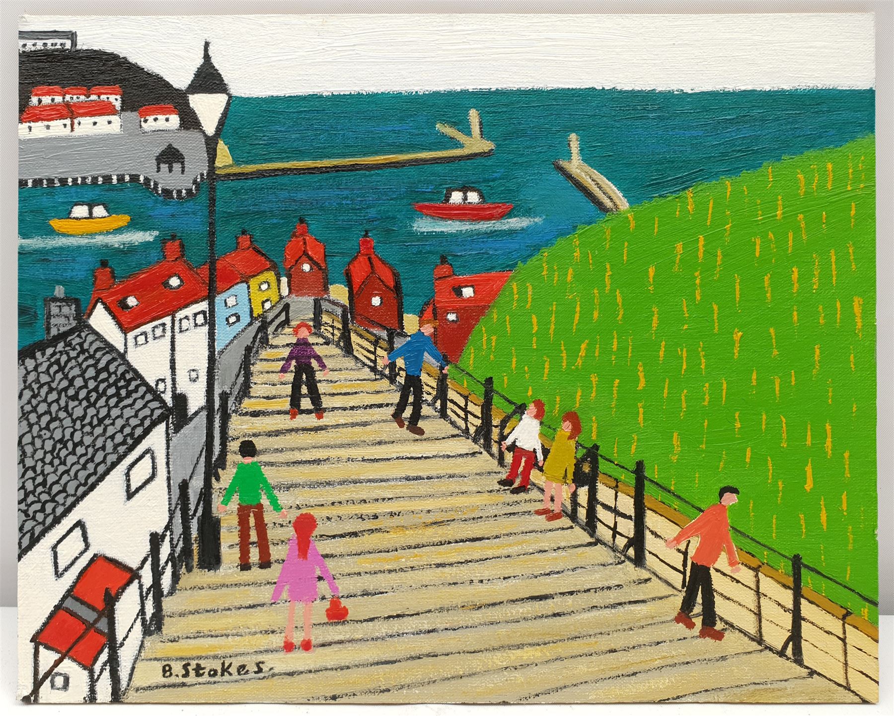 Barry Stokes (Northern British Contemporary): 199 Steps Whitby, oil on board signed 20cm x 25cm (unframed)
