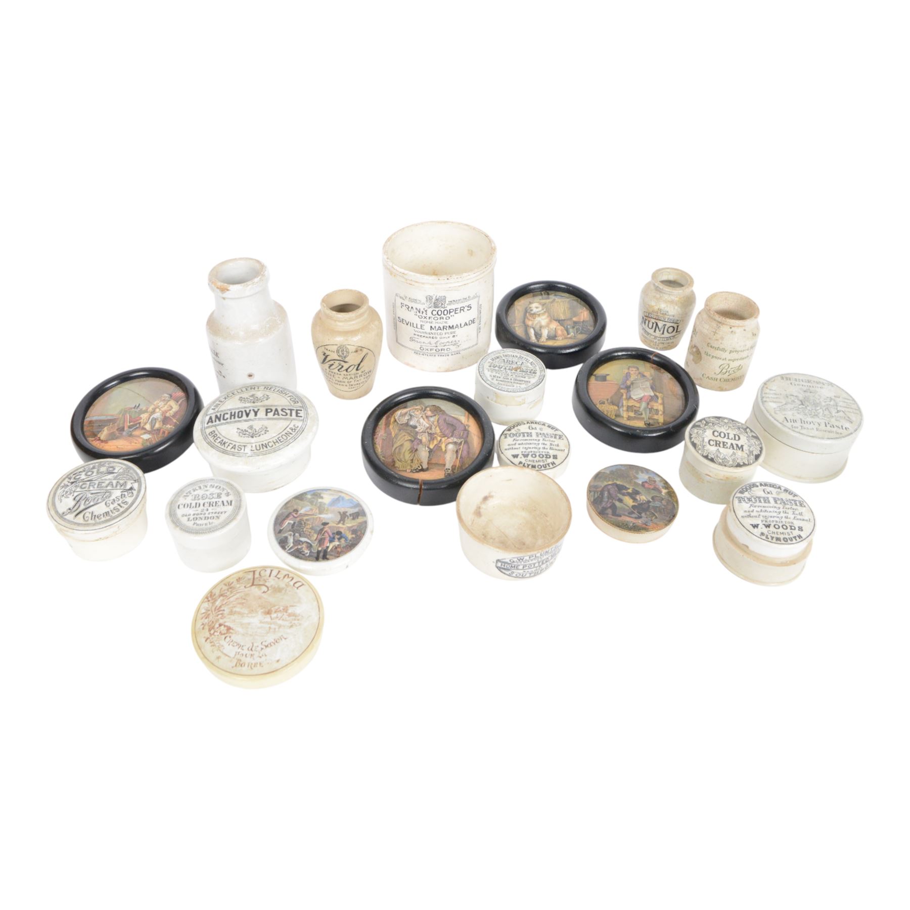  Collection of 19th century and later ointment jars, pots and lids, including Burgess's Anchovy paste, Woods Areca Toothpaste, Boots Cold Cream and framed Prattware pot lids