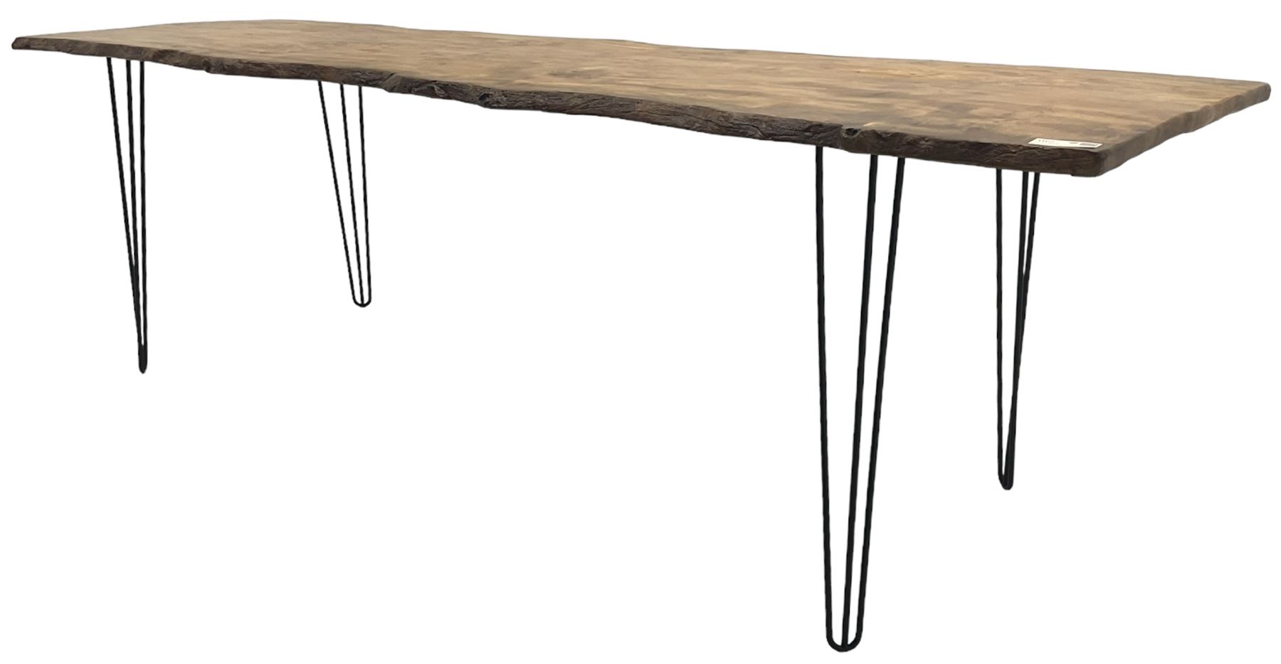 Rustic elm slab dining table, raw edge rectangular plank top, on black finish out-splayed supports 