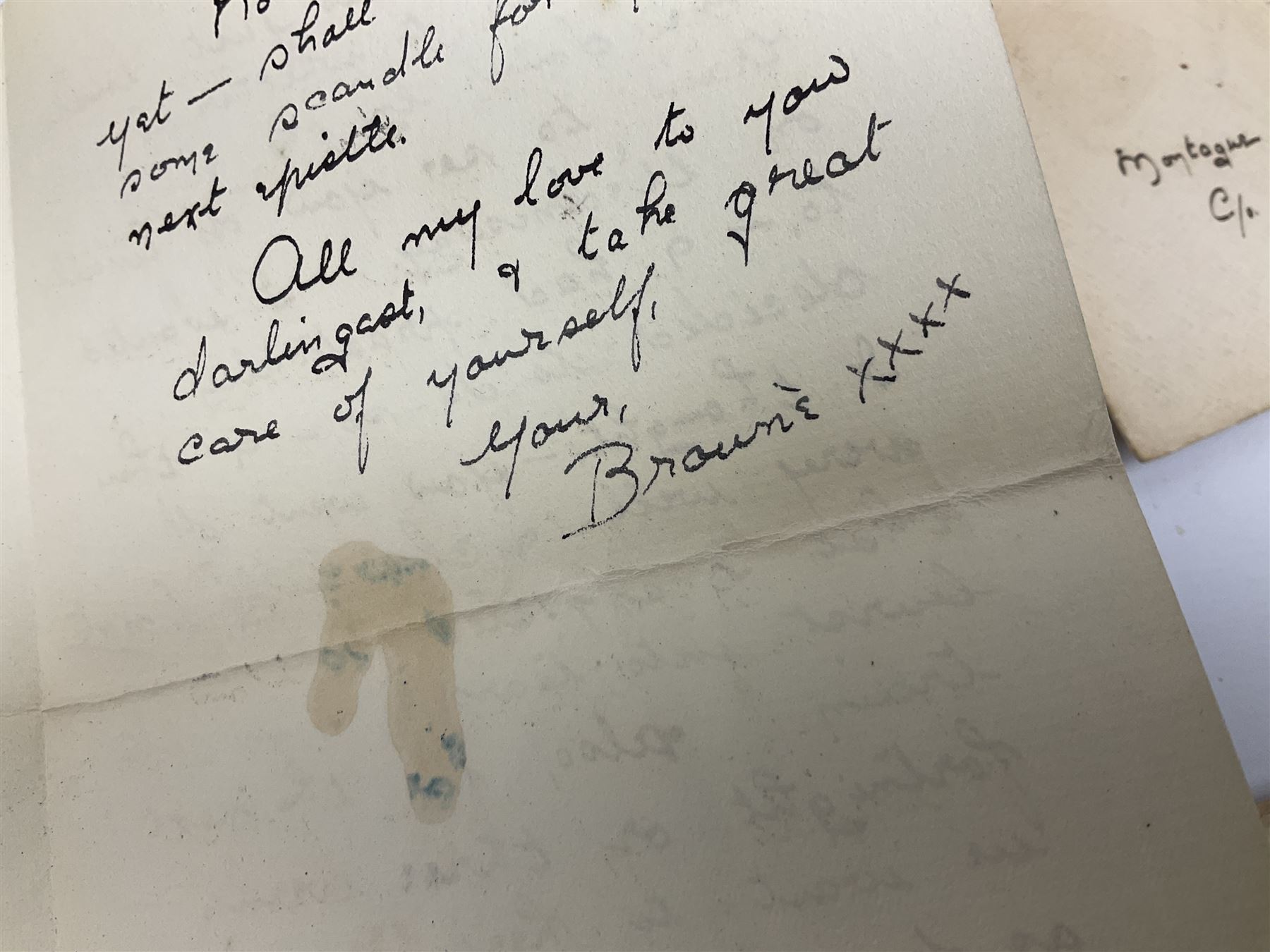 Montague Dawson interest - a correspondence of forty manuscript letters and notes to the marine artist from the same lady who signs herself 'Browne' or 'Brownie', c1920-24. The letters are in two sections, firstly a series of twenty-three hand written notes, all in the original envelopes and privately delivered to Dawson at Percy Street in London c1920, one envelope featuring a small unsigned pencil sketch of a sailing vessel. The second section of seventeen letters all date between April and July 1924 whilst Dawson was serving as the official artist on the South Seas Expedition on the S.Y. St. George where he was providing illustrated reports to The Graphic magazine. These letters (all but one in their original stamped envelopes) are far more detailed, up to twelve pages in length, and include two original photographs of the lady sent to Dawson during this Expedition.