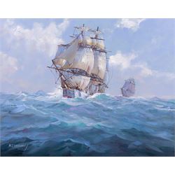 Michael J Whitehand (British 1941-): 'Racing Home to England', oil on canvas signed, title...