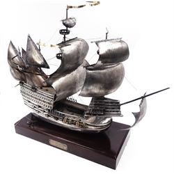  Modern silver limited edition model of The Mary Rose, depicting the ship in full sail, with gilded details, hallmarked Ammonite Ltd, Birmingham 1982, model height 32cm, mounted upon rectangular wooden plinth with applied silver name plaque, no. 9/250, overall H36.5cm