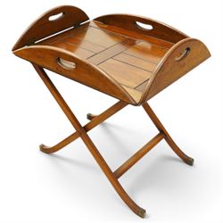 Georgian design mahogany butlers tray on stand, hinged tray-top with pieced handles over folding campaign stand