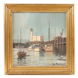Don Micklethwaite (British 1936-): Scarborough Outer Harbour, oil on board signed 22cm x 22cm