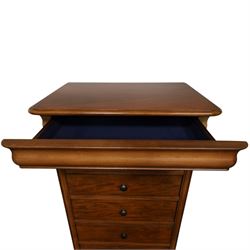Willis & Gambier - mahogany tall chest, rectangular chamfered top, with frieze drawer with blue baize lining, over six graduating drawers with black pulls, raised on bracket feet