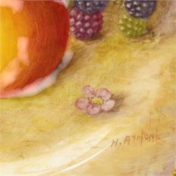 Royal Worcester porcelain cabinet plate by Harry Ayrton painted with fruit on a mossy bank within a shaped, gilded, gadrooned border, signed,  black printed mark and date code for 1949 D23cm