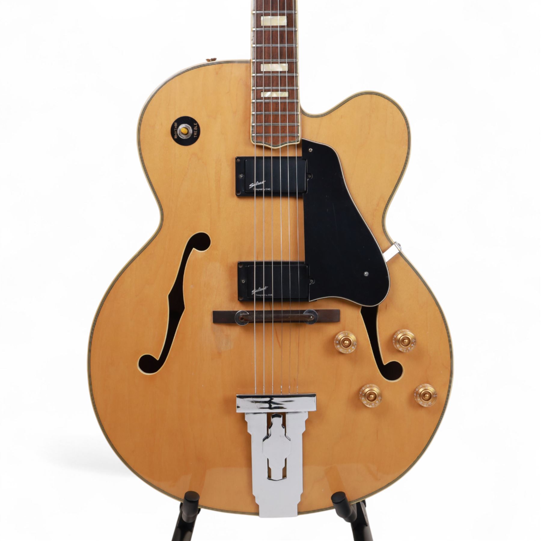 1980s Korean Antoria Jazzstar hollow body electric guitar, in blonde finish with inlaid fretboard, model no E G794, L109cm