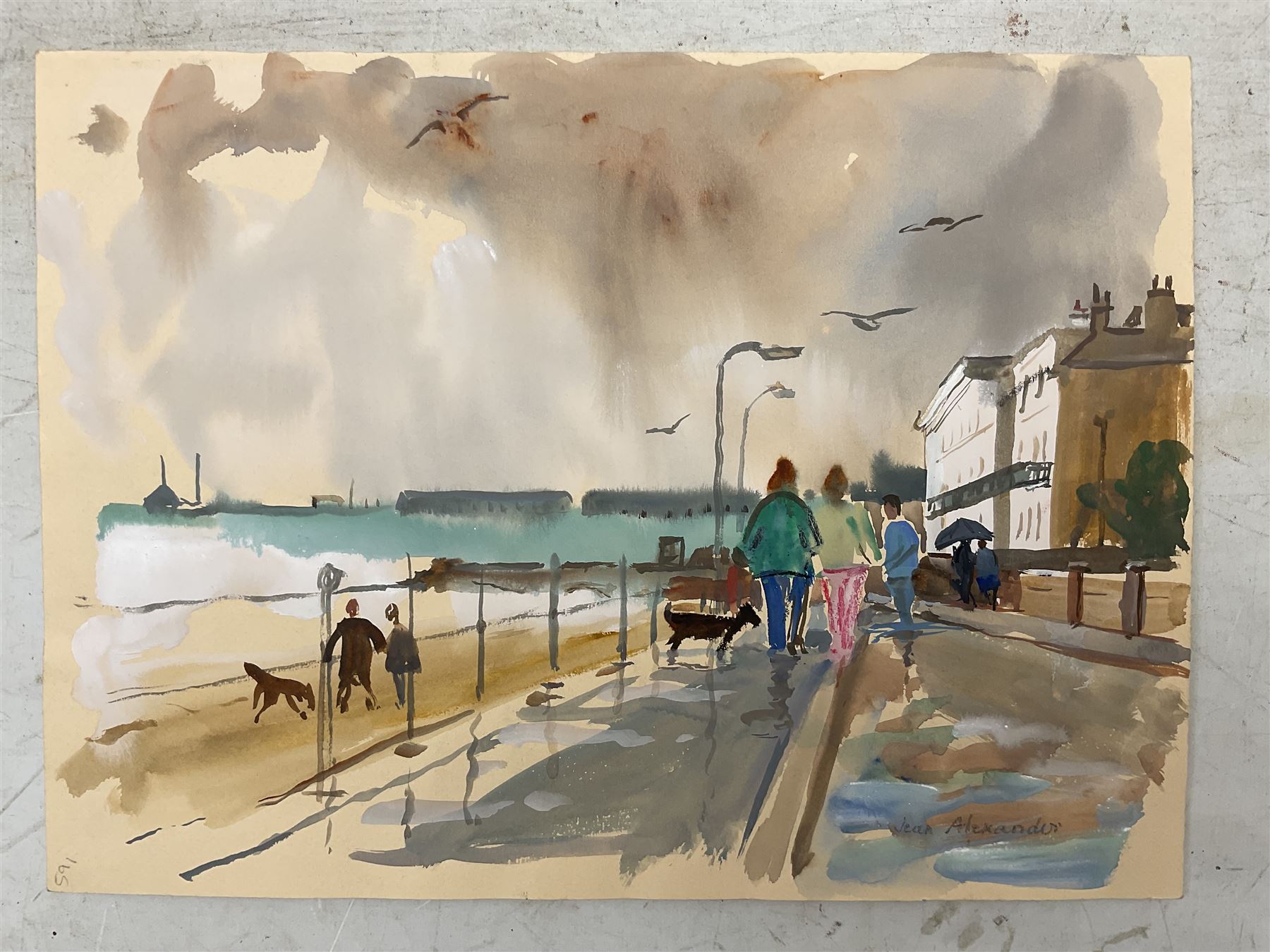 Jean Alexander (British 1911-1994): Views in Suffolk, comprising: 'Morning on the Shore - Aldeburgh July 1984', 'Sunshine on the Backwater - Aug '85 with Stephanie', 'Stormy Weather - High Sea near East Terrace Aug 1988', 'Walberswick - July 1990', 'Squally Weather near Bungay (outside Joan's house Broom Tuns) Jan 1990', 'Polzeath N. Cornwall - August 1989', and another untitled, watercolours, each signed, variously titled and dated verso, the titled 27.5cm x 37.5cm (unframed), the other 25cm x 27cm (mounted) (7)