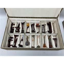 Chinese boxed collection of miniature polished hardstone musical instruments with hardwood stands