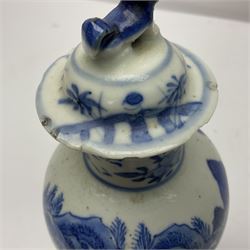 19th century Chinese Kangxi style blue and white jar and cover, decorated with figural and landscape scenes, the domed cover with foo dog finial, with four character marks beneath, H22cm