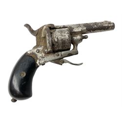 19th century 7mm six-shot pin-fire revolver, with folding trigger, two-piece ebonised grip and ejector rod in butt L17cm