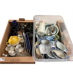 Bristol blue rolling pin, together with Carlton Ware juicer, other glassware and ceramics in four boxes  