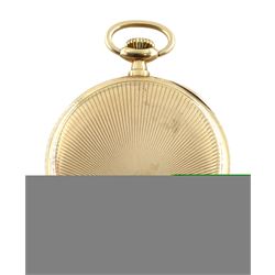 Early 20th century Swiss 9ct gold open face, keyless slimline pocket watch, Poinçon de Maître hammer head, No.115, blue Arabic numerals and subsidiary seconds dial, engine turned sunburst back case with cartouche, London import marks 1926