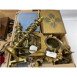 Hammered brass box, together with two carriage clocks, picture frames, candlesticks and other collectables, in two boxes