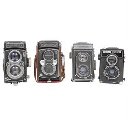 Four medium format TLR cameras, comprising Zeiss Ikon Ikoflex serial no. TD17003 with Tess...