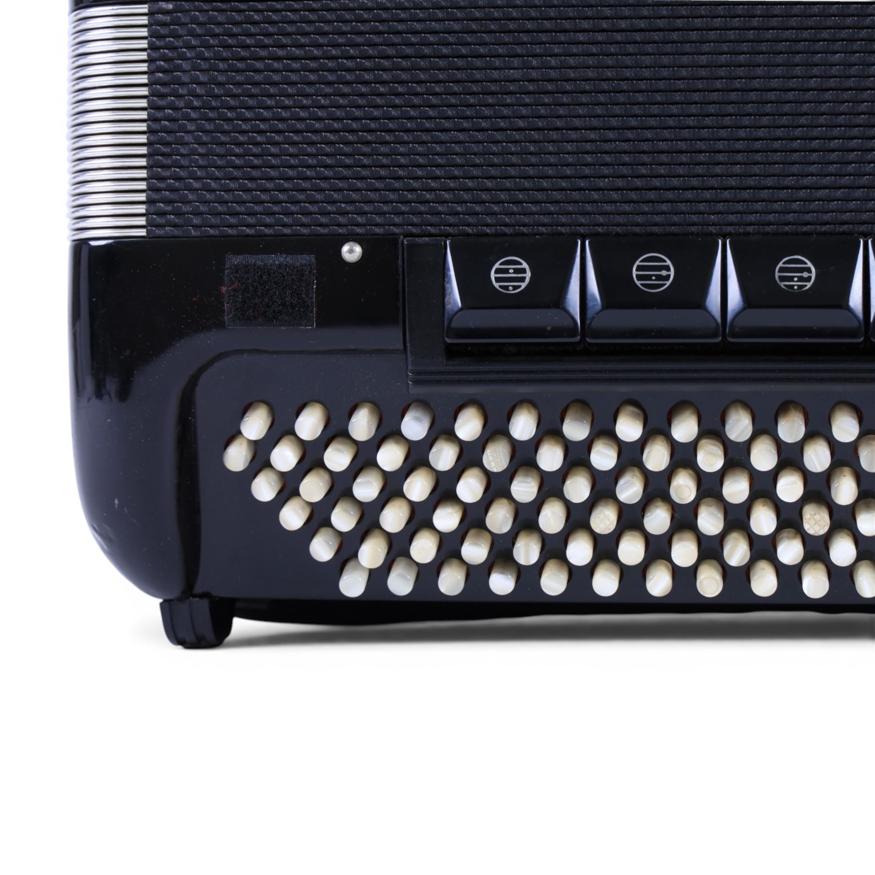 Borsini Professional 5-Row Chromatic button accordion, with 92 white pearlescent chromatic buttons and 136 bass buttons, possibly a custom model, in black high gloss case, with carry strap and original hard carrycase