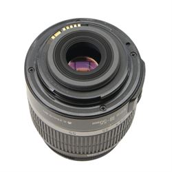 Four Canon camera lenses, comprising EF 50mm 1:1.8 lens serial no. 70896512, boxed, two zoom EF-S 18-55mm 1:3.5-5.6 IS lenses serial nos. 2040537810 and 6462009965 and an EF-S 55-250mm 1:4-5.6 lens serial no. 67007517