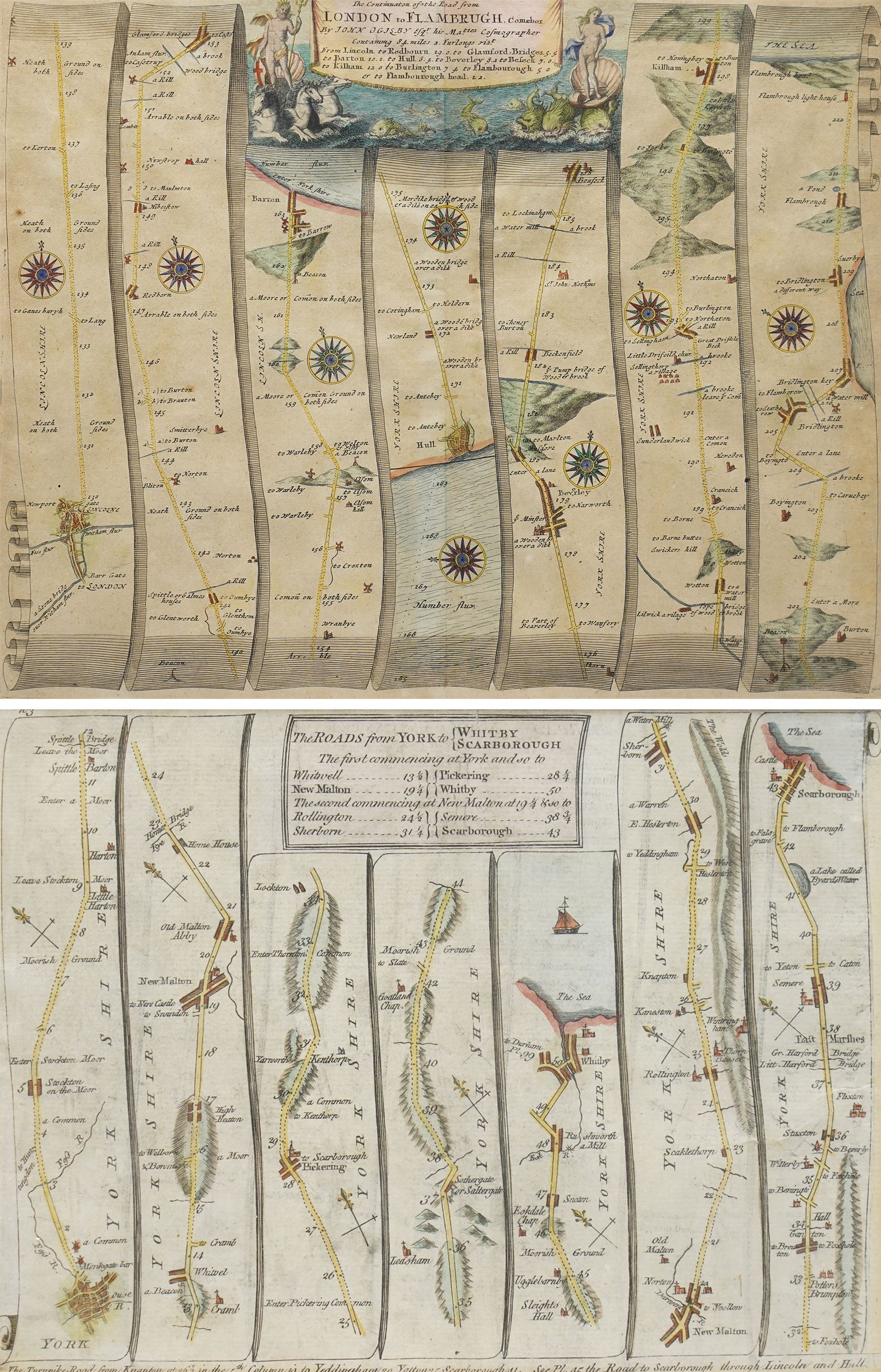 John Ogilby (British 1600-1676): ''The Road from London to Flamborough Head', 17th century engraved strip map with hand-colouring 36cm x 45cm; and 'The Roads from York to Scarborough' 18th century double-sided engraved strip map with hand-colouring to one side 16cm x 21cm (2)
