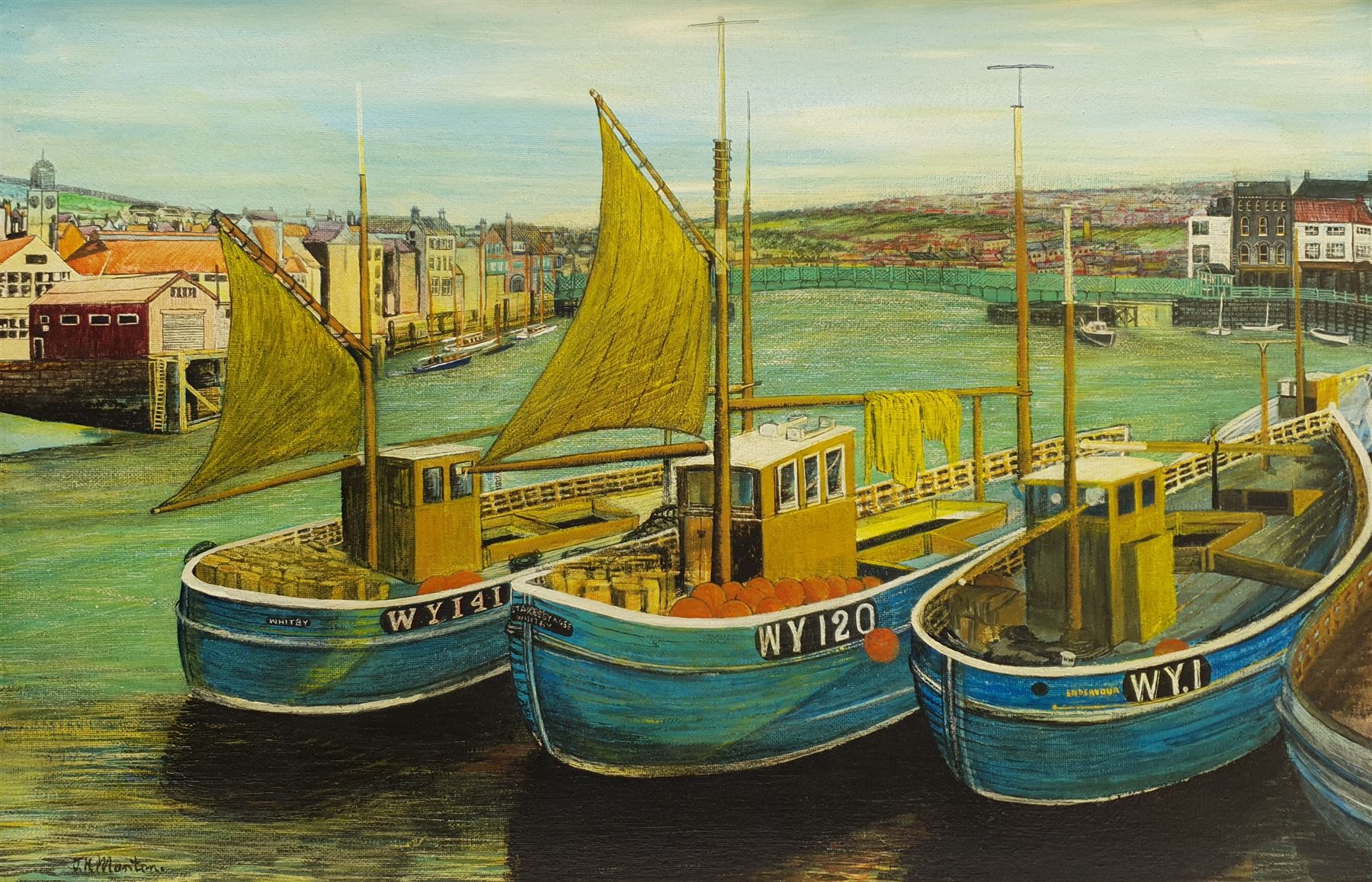 J H Morton (British mid 20th century): Keel Boats Whitby, oil on board signed 60cm x 90cm