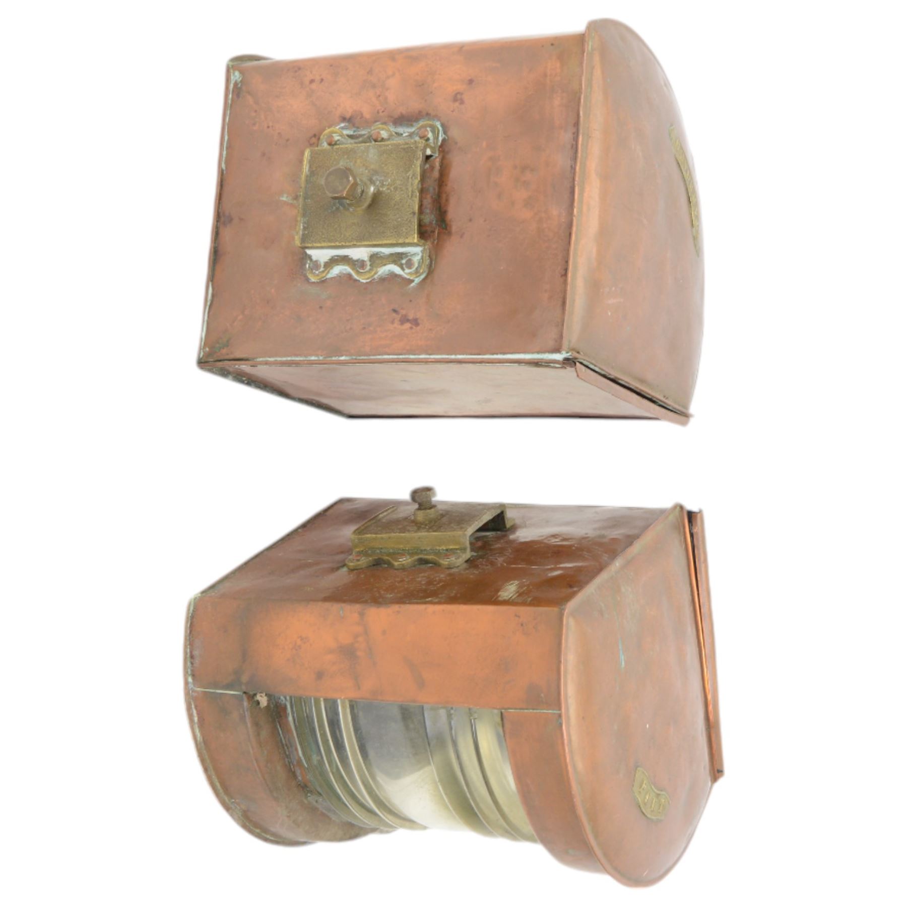 Pair of 'Starboard' and 'Port' copper ship's lamps, of bow-fronted triangular form, H22cm