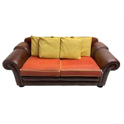 Gainsborough Lounge Suites - three piece leather and fabric lounge suite - pair two seat sofas (W225cm, H82cm, D105cm), and matching armchair (W88cm), on turned front feet with scatter cushions