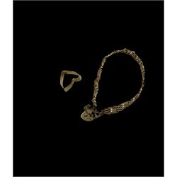 Gold wishbone ring and a gold four bar gate bracelet, with heart locket clasp, both hallmarked 9ct