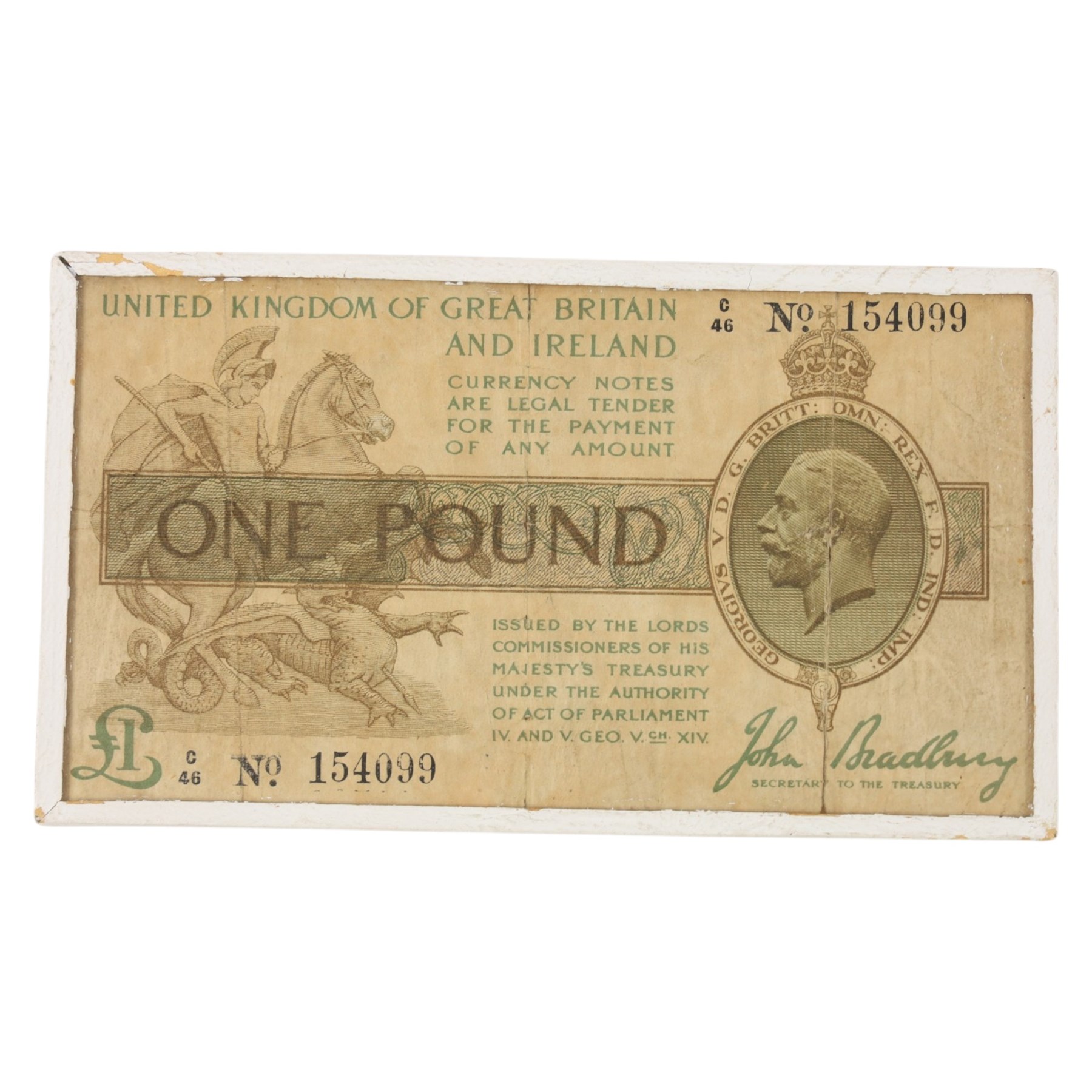 Two King George V Bradbury one pound notes, C46 154099 and P147 502441, in small glass frames