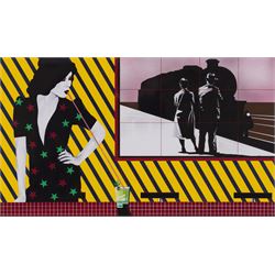 Gerrard A Lindley (Northern British 1949-): 'Figure Drinking with Train' gouache, signed a...