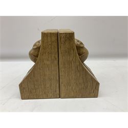 Mouseman; pair of adzed Yorkshire oak bookends, carved 'Fat' mouse signature, by Robert Thompson of Kilburn, H15.5cm