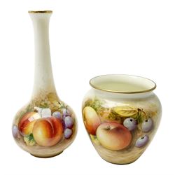 Two Royal Worcester vases, each handle painted with fruit and signed Roberts, each with black painted mark beneath and numbered 2491, largest H13cm. 