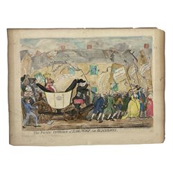 James Gillray (British 1756-1815): 'The pacific entrance of Earl-Wolf into Blackhaven', etching with hand colouring pub. Hannah Humphrey 1792, three further etchings verso 'Frying Sprats', 'Toasting Muffins' and 'Weird Sisters - Ministers of Darkness - Minions of the Moon' 39cm x 53cm (unframed)