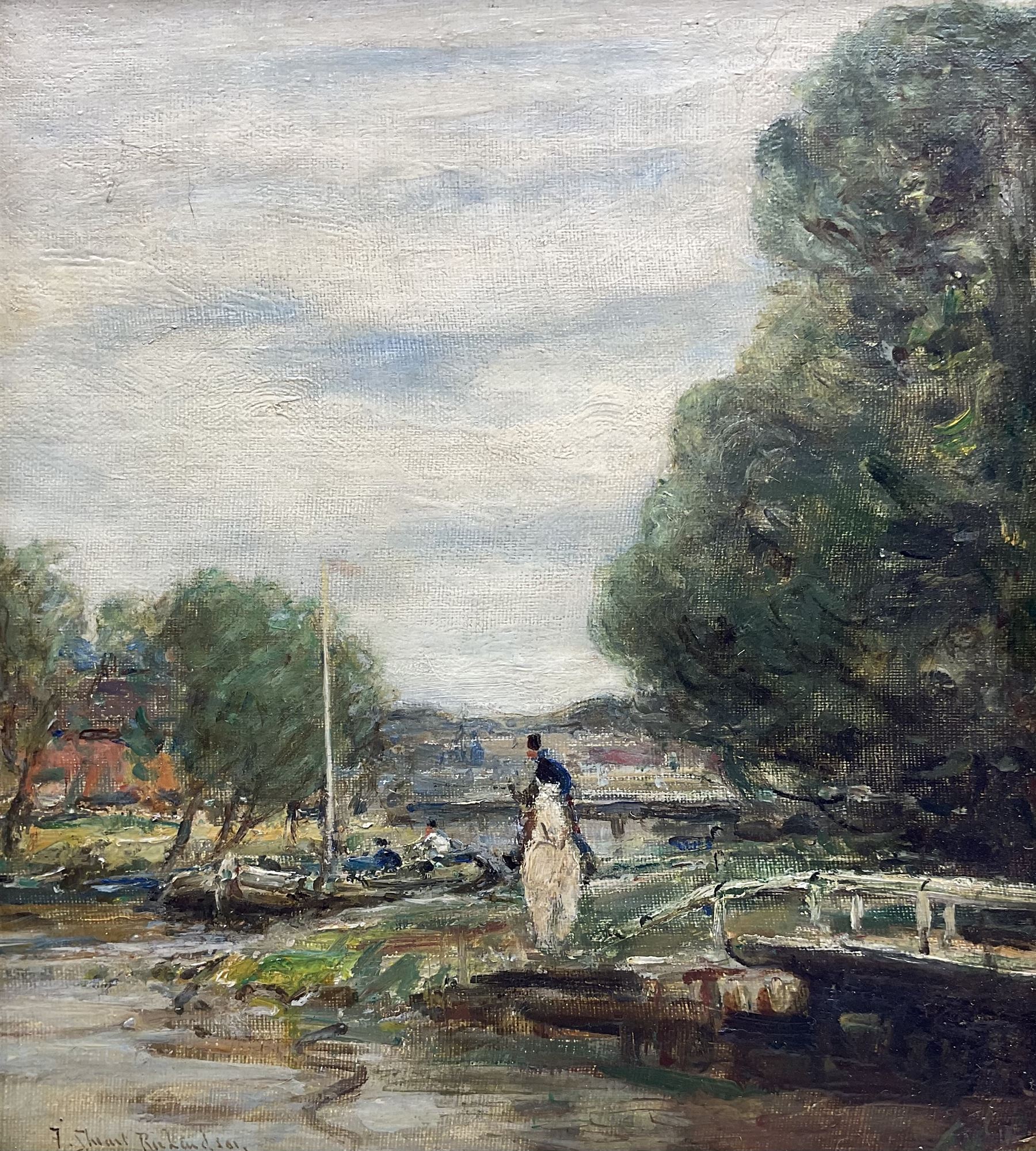 Frederic Stuart Richardson (Staithes Group 1855-1934): Upon Horseback by the Canal Side, oil on canvas signed 26cm x 23cm 
Provenance: exh. Phillips & Sons, Marlow, label verso