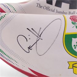 Three signed rugby balls, including 2017 Lions Tour Rhino Jumbo ball, signed by eight players, including Greig Laidlaw, Rugby world cup 2003 example and a 2001 British Lions example