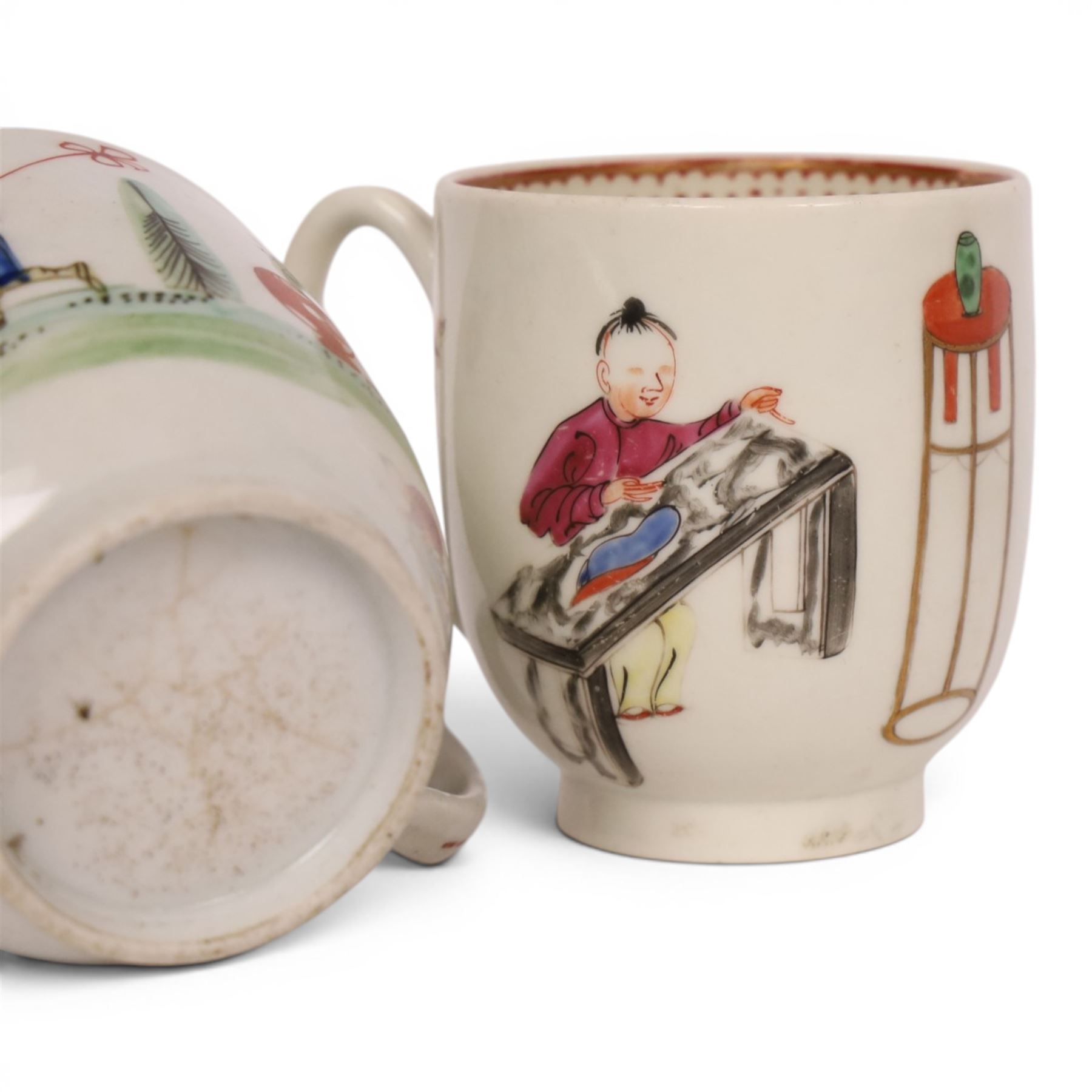 18th/ 19th century chinoiserie decorated porcelain including two New Hall tea bowls and a coffee cup in Boy and the Windmill pattern, Worcester Mandarin coffee cup and Liverpool tea bowl 