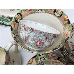 Calais Imari style part tea service, Mason's Chartreuse pattern plate, Arthur Wood Gaudy Welsh style coffee pot, and Victoria Ware teacup and saucer