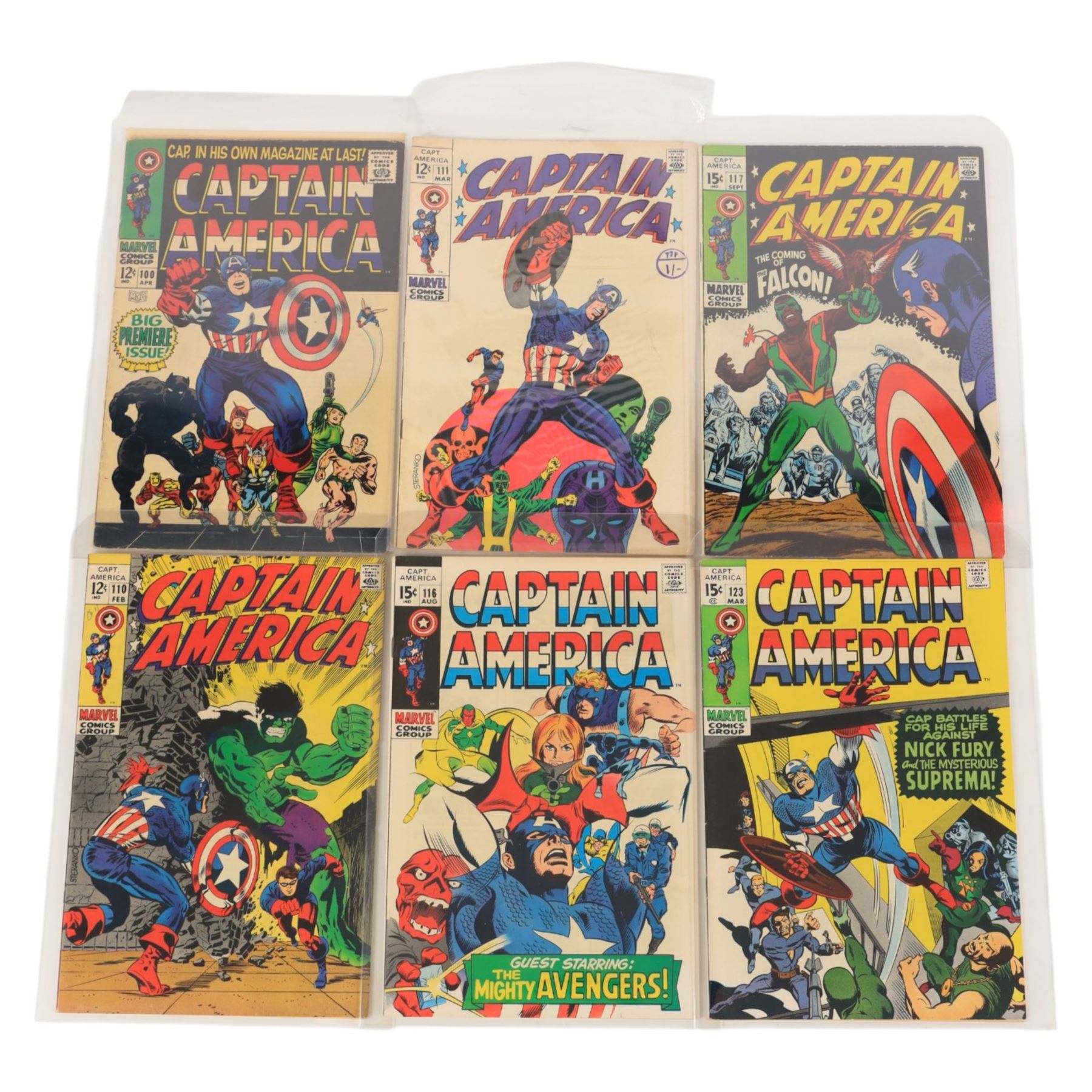 Twenty-eight Marvel Silver and Bronze Age 'Captain America' comic books, spanning years 1968-1974, comprising a continuous issues #100, #110, #111, ##116, two copies of #117, three copies of #123,  #125, two copies of #126, #130, two copies of #132, #133, #134, #138, #140, #144, #145, #146, #152, #153, #154, #175, #267 and Giant Size Captain America #1 