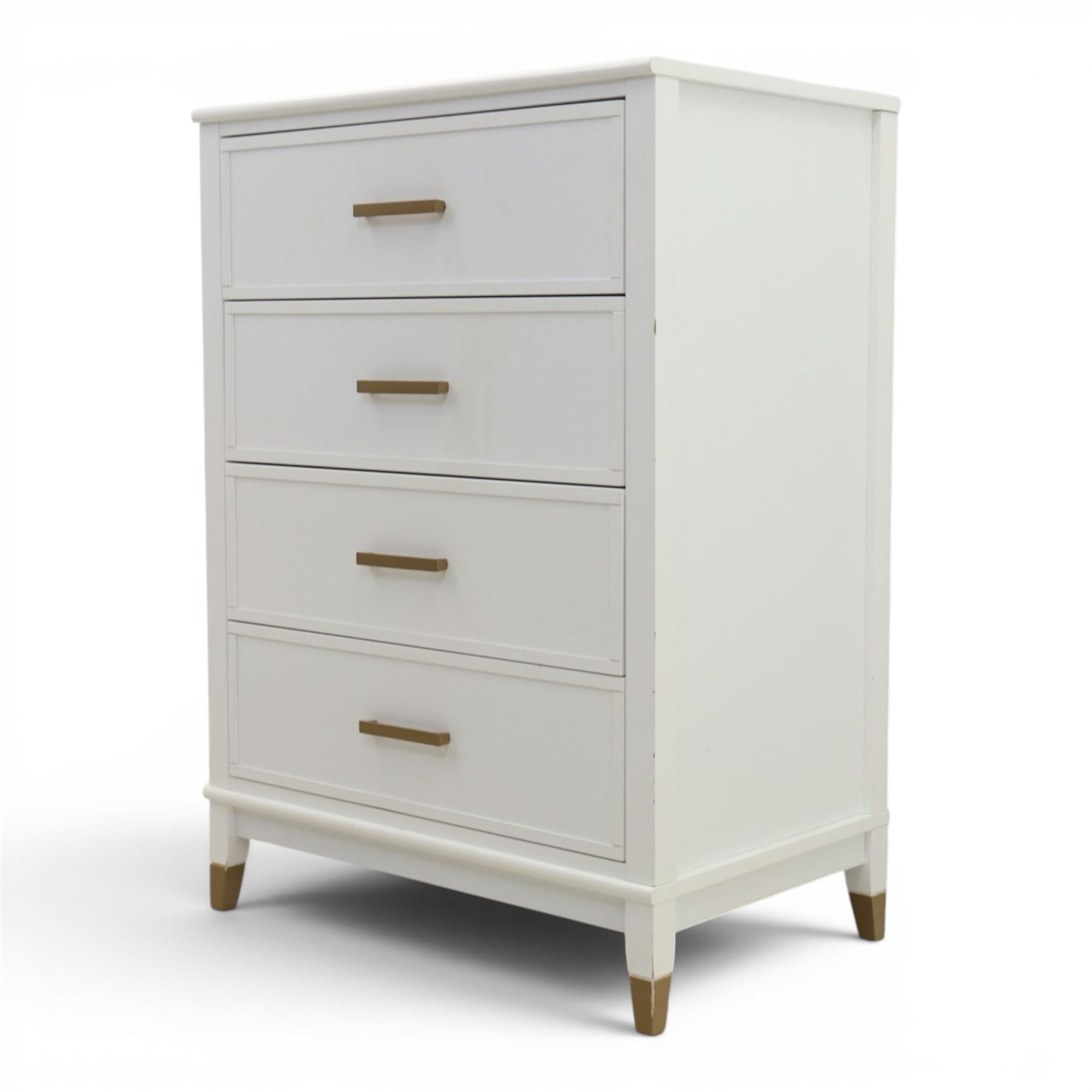 Dorel Home - Modern chest of drawer, white painted rectangular top above, four drawers with bronze metal handles, on tapered supports 