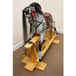  Early 20th century dapple grey rocking horse possibly Baby Carriages c1915, recently restored with real horse hair mane and tail, new base as original, L140cm, H116cm   