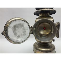Pair of Lucas King of the Road oil-illuminating side-lamps,
chrome bodies, with star cut glazed glass panels and urn finials, possibly model no 644, H44cm