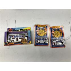 Matchbox - Collector's Mini-Case with twenty-three playworn models; five MOY models Y-3, Y-7, Y-11, Y-12 & Y-13; K101 Battle Kings Sherman Tank; K-15 Super Kings Jubilee Bus; all boxed; two blister packed Jubilee Buses; three 1970s Matchbox catalogues; Dinky Ferrari racing car; and other items