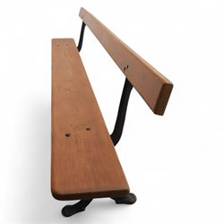 Pine garden bench, with stained and weatherproof varnish, single slat pine seat and back, raised on curved black cast iron supports