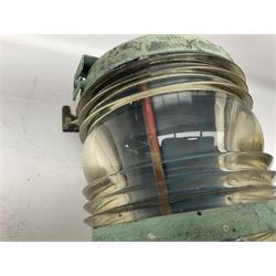 Two port and starboard brass lamps, each with a plaque marked 'Noack as Lanterne KL.A Serie 700 Type 704D Babord', ribbed green and red glass shades, H44cm