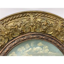 Large German wall charger by Wilhelm Schiller & Son, the central panel decorated with riverside town scene of high relief, surrounded by an inner bronzed smaller border and thicker gilded border of foliate design, stamped WS&S and Marburg 9425 beneath