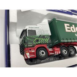 Corgi Eddie Stobart - two Special Edition Hauliers of Renown lorries; CC13749 Scania R Curtainside Trailer and CC15508 Volvo F10 Curtainside; and limited edition Hauliers of Renown CC13801 Mercedes-Benz Actros Fridge Trailer; all boxed (3)